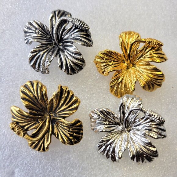 Rhodium Hibiscus Brooch Pin Medium Size - Picture 6 of 6